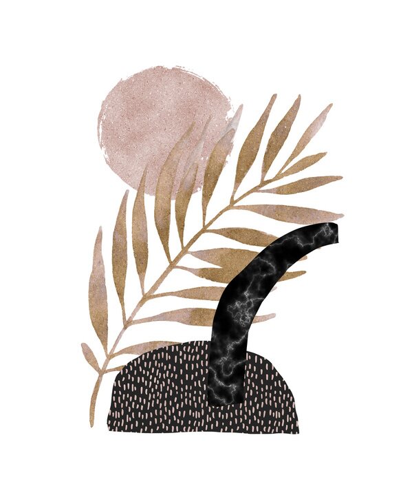 Poster Abstract poster design: minimal shapes, glossy golden tropical leaf.