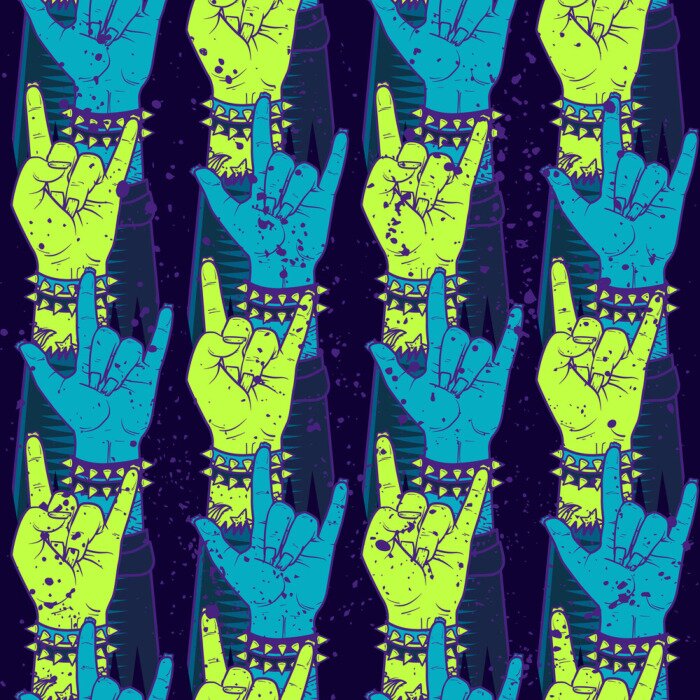 Poster Abstract seamless vector pattern for girls, boys, clothes. Creative background with hand symbol of rock music ,Funny wallpaper for textile and fabric. Fashion style. Colorful bright