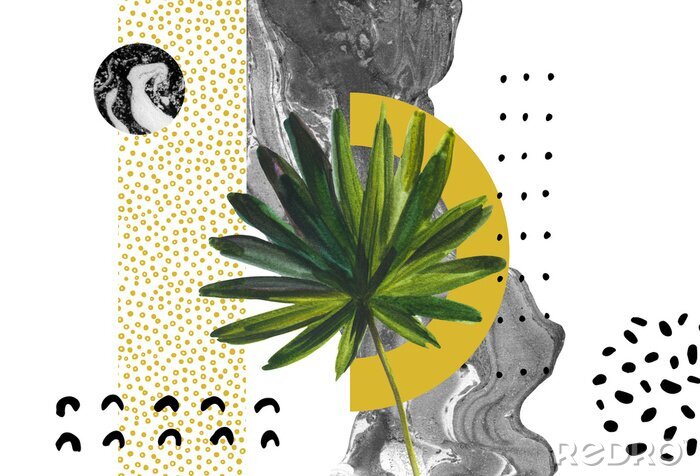 Poster Abstracte achtergrond: dynamische zwarte gouden penseelstreek, minimale elementen, tropisch blad.