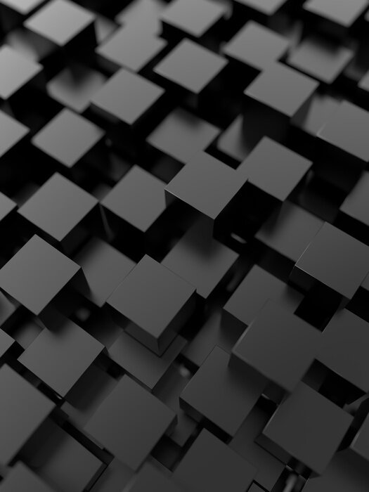 Poster Abstracte kubussen. Zwarte achtergrond. 3d render.