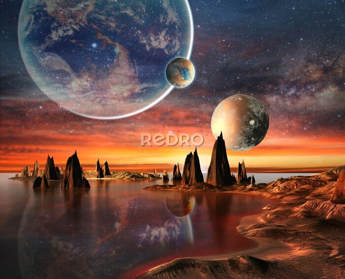 Poster Abstracte planeet met rode lucht, ruimte sciencefiction