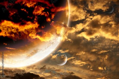 Poster Abstracte planeten tegen een achtergrond van wolken