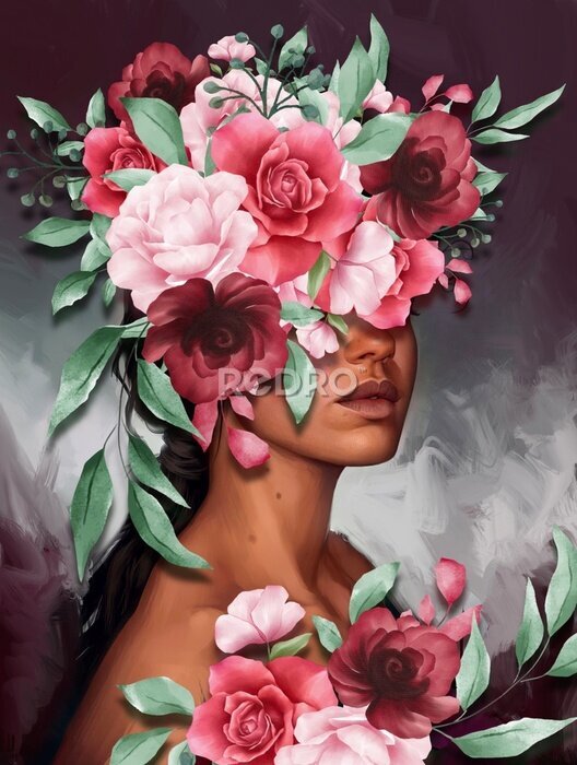 Poster Abstracte vrouw met boeket bloemen op het hoofd