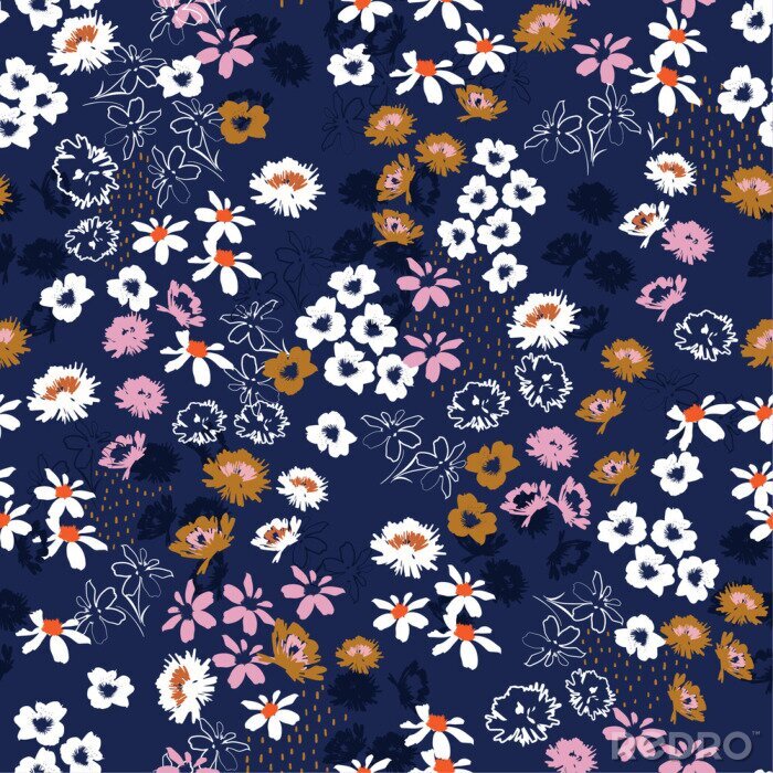 Poster Abstracte wilde bloemen op een donkerblauwe achtergrond