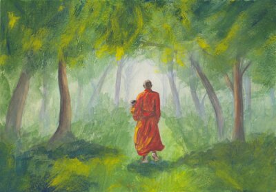 Poster Acrylics painting of asian forest & walking  Buddhist monk in orange robe with alms bowl at dawn. Oriental style landscape with trees. Concept for decoration, relax, restore, meditation background.
