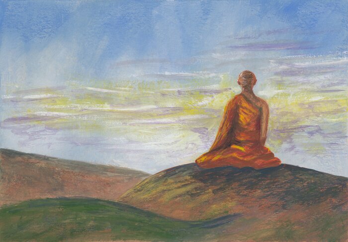 Poster Acrylics painting of asian mountains, blue sunrise sky & meditating Buddhist monk in orange robe. Hand drawn oriental style landscape with layers of rocks. Concept for restore, meditation background.