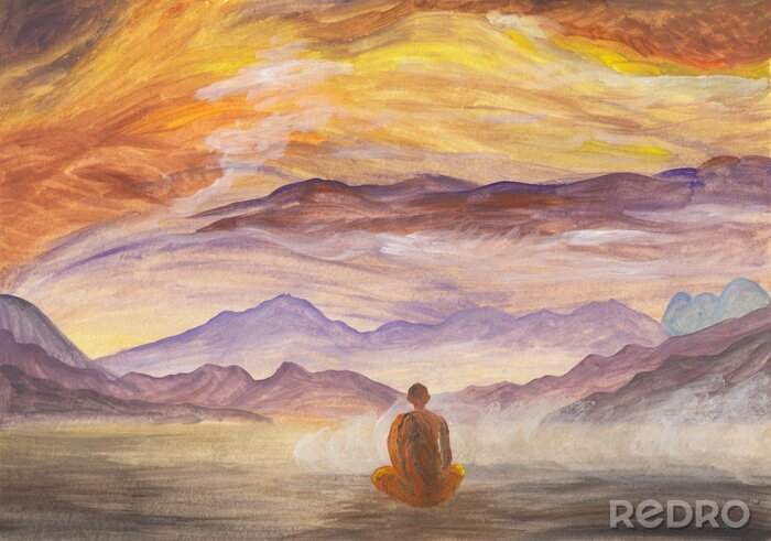 Poster Acrylics painting of asian mountains & meditating Buddhist monk in orange robe. Hand drawn oriental style landscape with layers of rocks. Concept for decoration, relax, restore, meditation background.