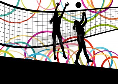 Poster Active young women volleyball player sport silhouettes in abstract color background illustration vector