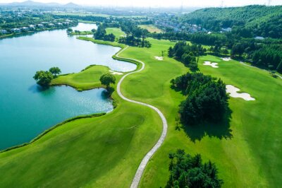 Poster Aerial view of golf course and water