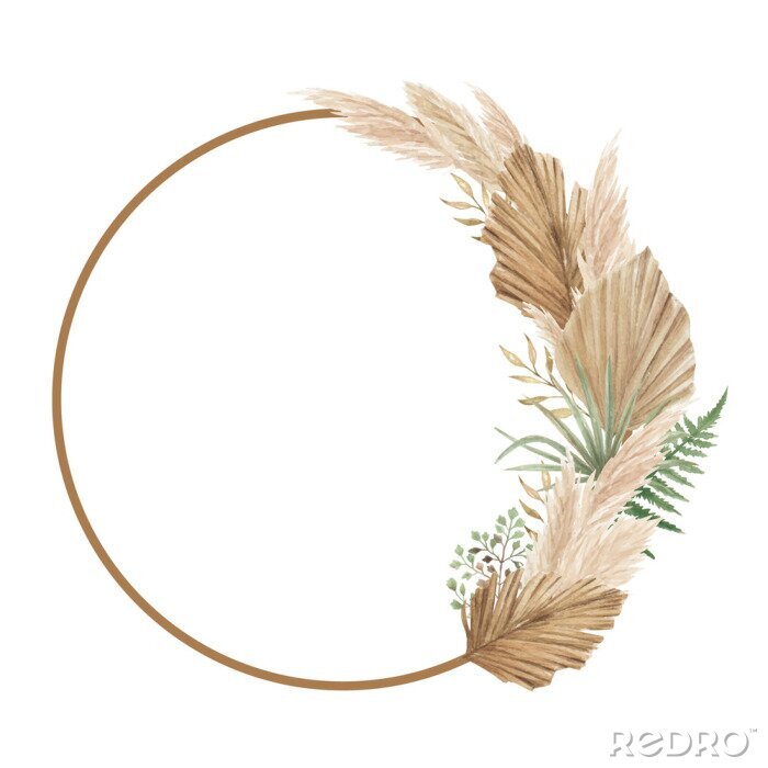 Poster Aesthetic floral frame with dried palm leaves, pampas grass and fern