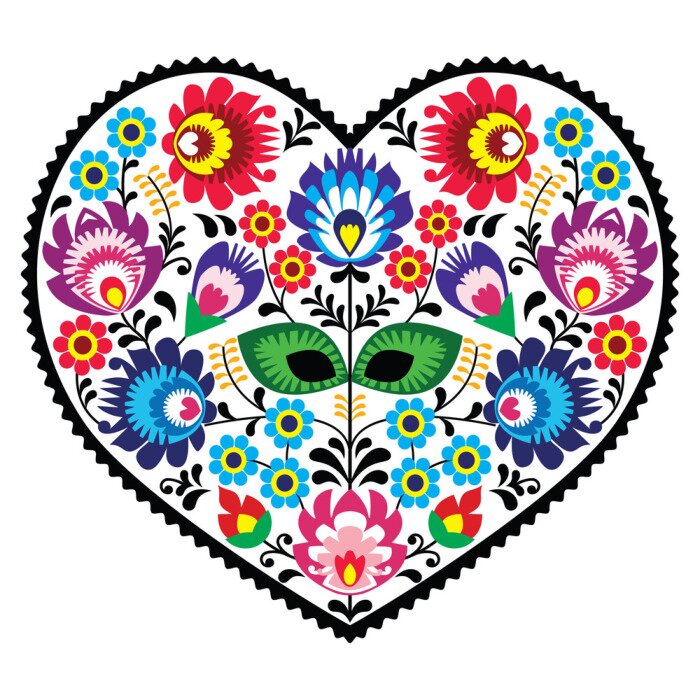 Poster Afbeelding met een hart in een folkloristisch patroon.