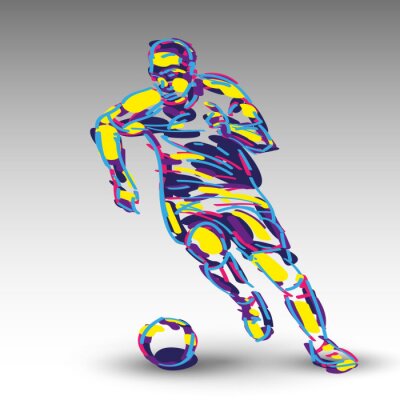 Poster Afbeelding met een kleurrijk silhouet van een voetballer op een grijze achtergrond.