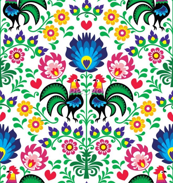 Poster Afbeelding met een Łowicz-ornament met hanen.
