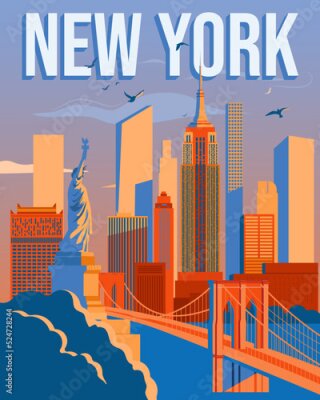 Poster Afbeelding met een uitzicht op New York en het Vrijheidsbeeld.