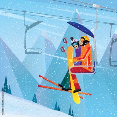 Poster Afbeelding van een stel in een skilift.