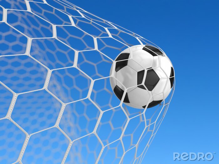 Poster Afbeelding van een voetbal die in het doel belandt.