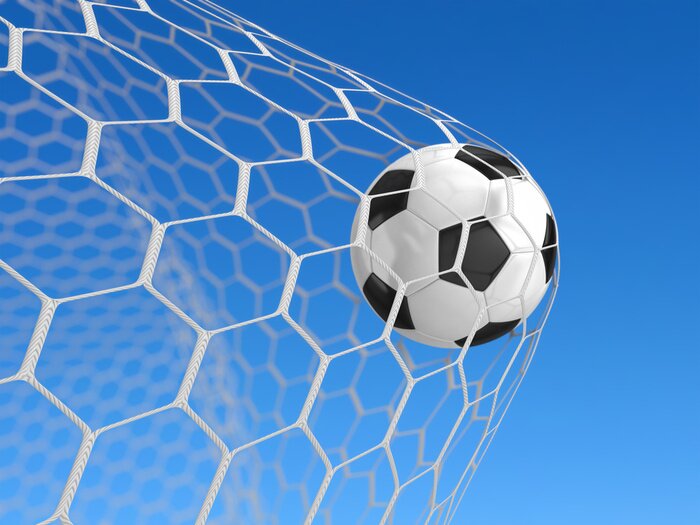 Poster Afbeelding van een voetbal die in het doel belandt.