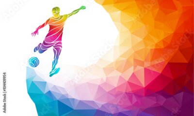 Poster Afbeelding van een voetballer en een bal op een veelkleurige achtergrond.