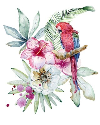 Afbeeldingen met tropische planten en een papegaai