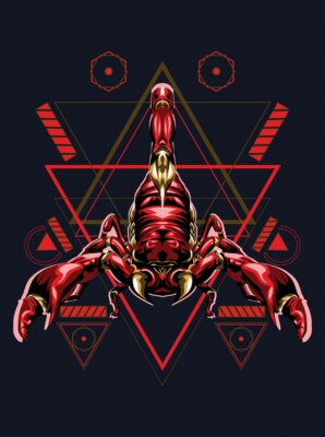 Poster Afbeeldingen van een rode schorpioen op een achtergrond van driehoeken