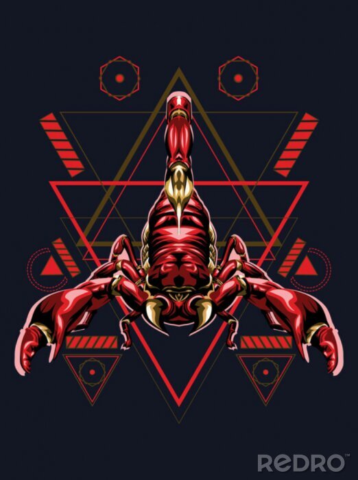 Poster Afbeeldingen van een rode schorpioen op een achtergrond van driehoeken