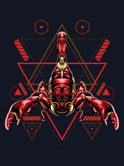 Poster Afbeeldingen van een rode schorpioen op een achtergrond van driehoeken