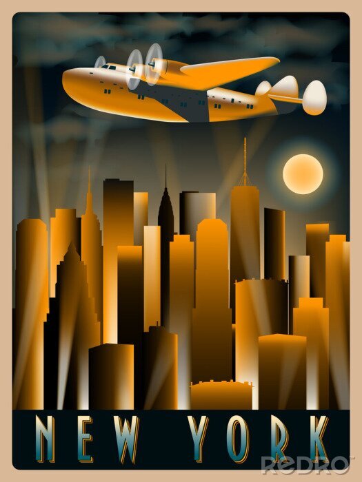 Poster Afbeeldingen van een vliegtuig boven de stad New York
