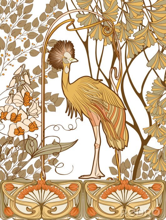 Poster Affiche, achtergrond met decoratieve bloemen en vogel in Jugendstilstijl, uitstekende, oude, retro stijl.