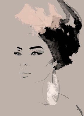 African American illustration for fashion banner. Trendy woman model background. Afro hair style girl