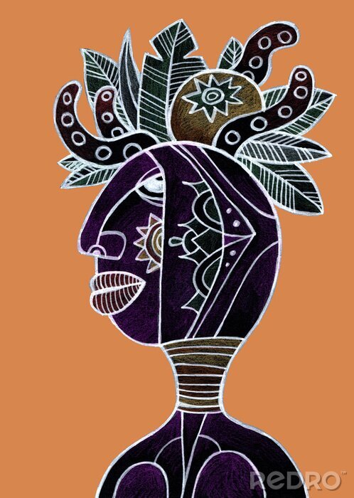 Poster African woman with tropical fruit and leaves on her head. Tribal hand drawn illustration.