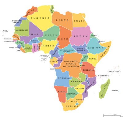 Poster Afrika enkele staten politieke kaart. Elk land met zijn eigen kleur omgeving. Met de nationale grenzen op een witte achtergrond. Continent inclusief Madagaskar en eilandstaten. Engels labeling.