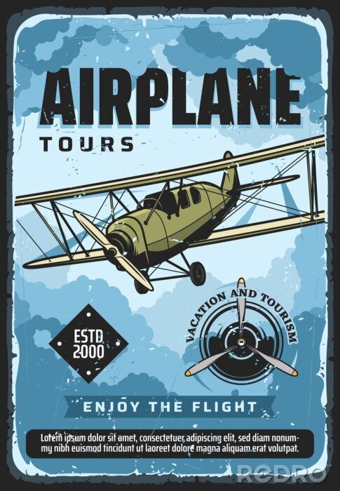 Poster Airplane flight tours, plane travel and air tourism, vector vintage poster. Vacation and tourism, airplane flight trips, civil aviation trips, retro propeller airplane flight in sky, private jets club