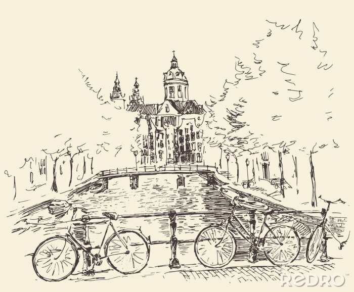 Poster Amsterdam die Brücke der Fahrradskizze