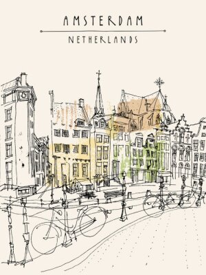 Amsterdam uitzicht op de stad. Vector hand getekend vintage ansichtkaart of poster