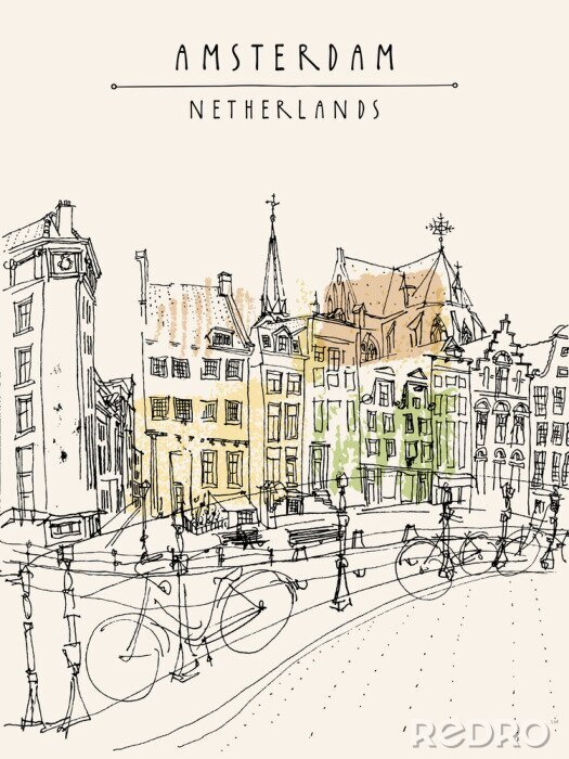 Poster Amsterdam uitzicht op de stad. Vector hand getekend vintage ansichtkaart of poster