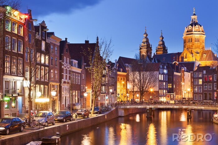 Poster Amsterdam und Abend auf dem Kanal