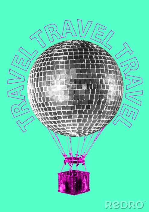 Poster An alternative trip. A journey to the dance music world. Silver disco ball shaped balloon flying up with the pink basket against mint background. Modern design. Contemporary art collage.