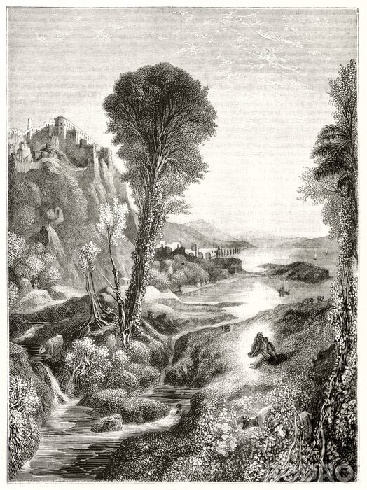 Poster Ancient grayscale etching style illustration of a majestic natural landscape at sunset with a river leading to the sun. By Marvy after Turner publ. on Magasin Pittoresque Paris 1848