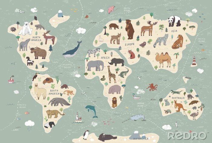 Poster Animals vector hand drawn world map