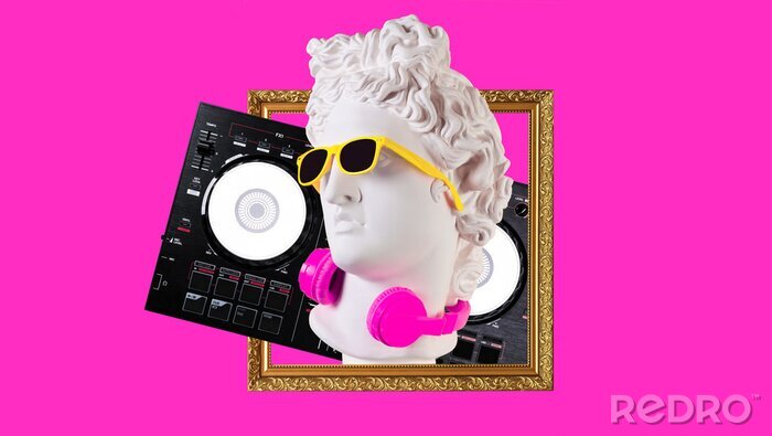 Poster Apollo in headphones and sunglasses on a pink background. Concept art collage. Poster design.