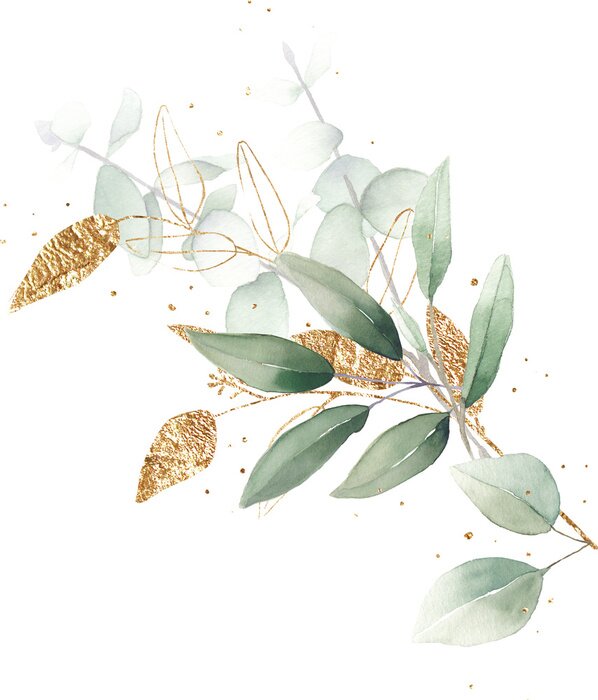 Poster Aquarel bladeren afgewisseld met goud