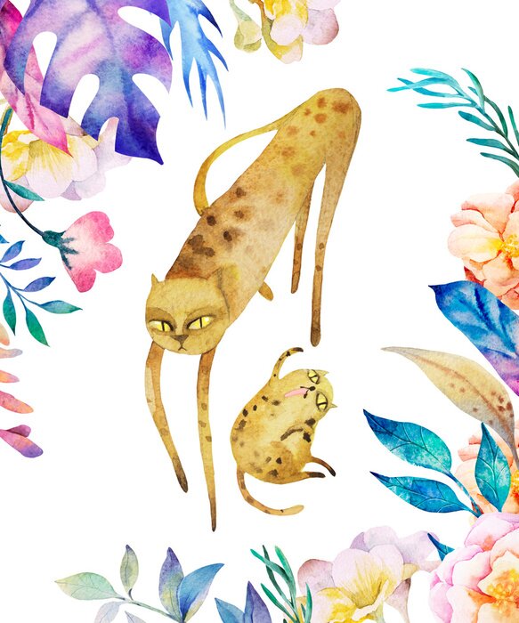 Poster Aquarel cheeta's tussen veelkleurige bladeren