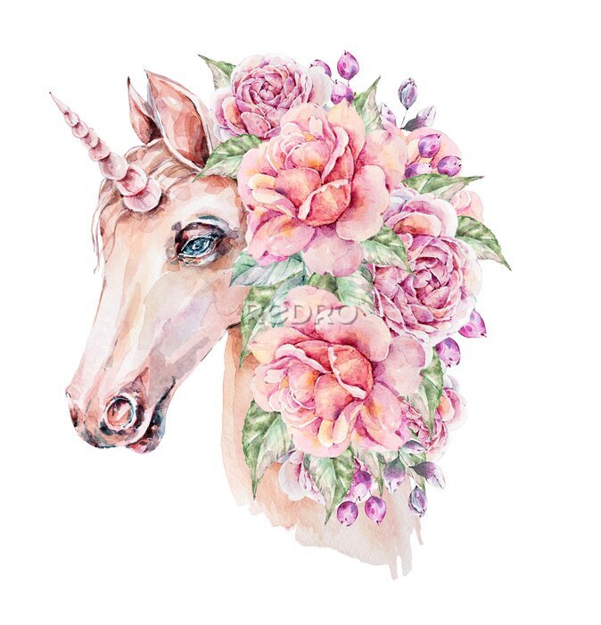 Poster Aquarel eenhoorn met weelderige bloemen