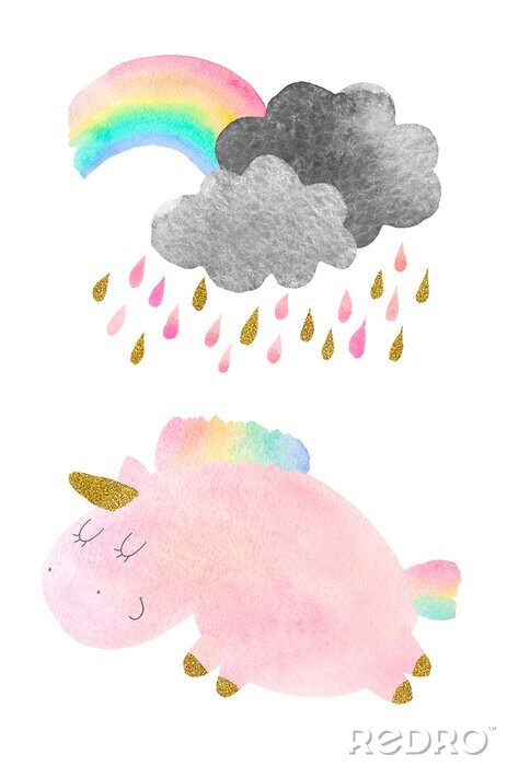 Poster Aquarel eenhoorn onder regenwolken