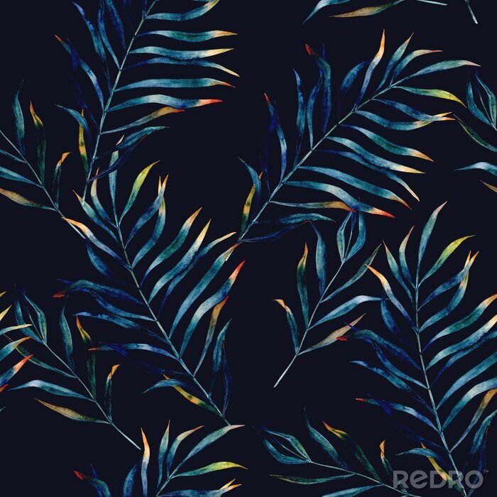Poster Aquarel exotische naadloze patroon, groene tropische bladeren, botanische zomer illustratie op zwarte achtergrond