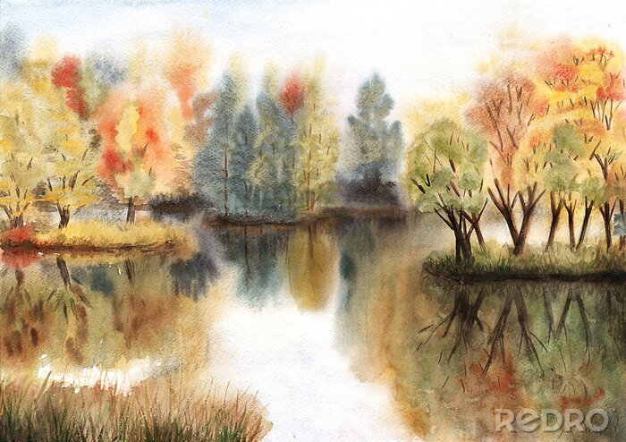 Poster Aquarel herfst landschap met bomen op eilanden en hun reflecties in een meer