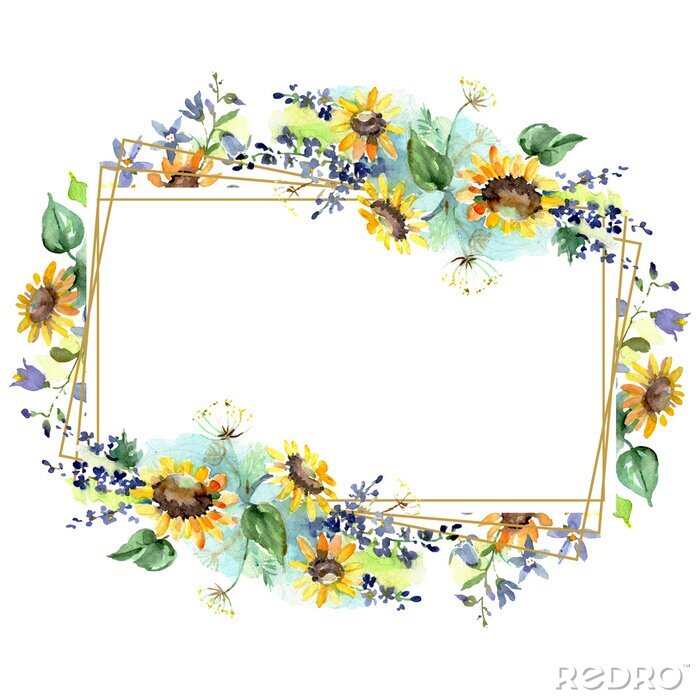 Poster Aquarel kader met zonnebloemen
