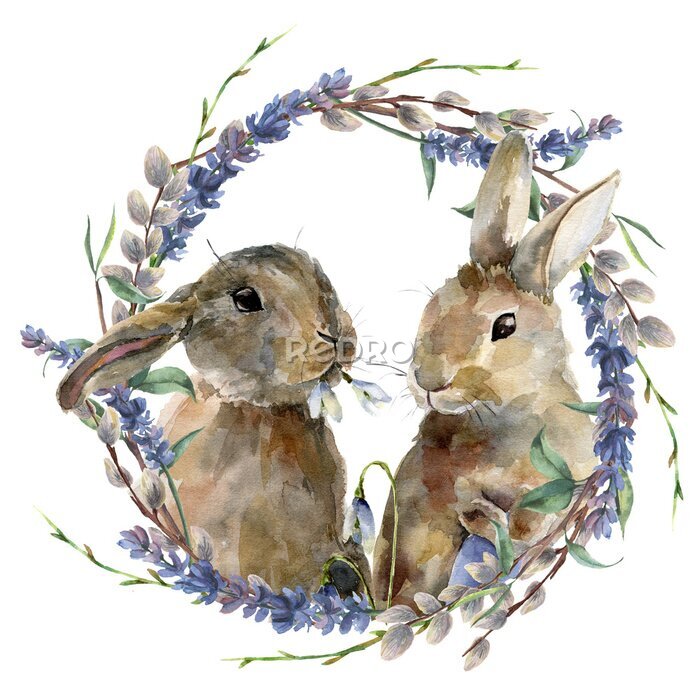 Poster Aquarel konijnen tussen lavendel en wilgentakken