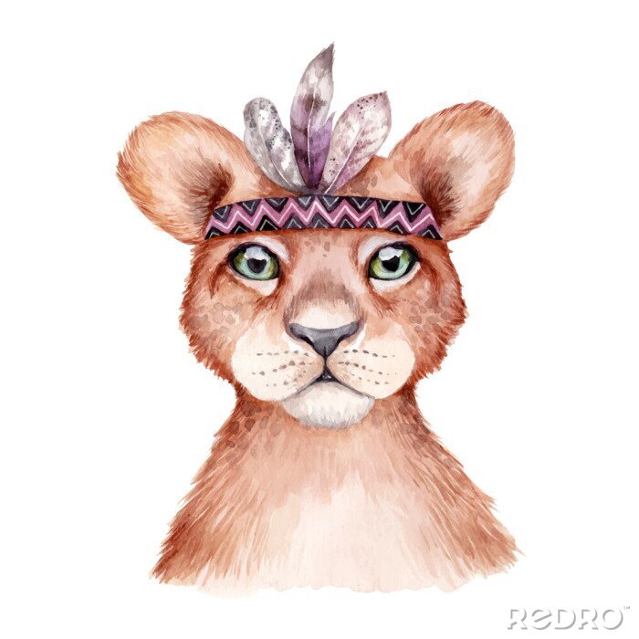 Poster Aquarel leeuwenwelp met veren hoofdband