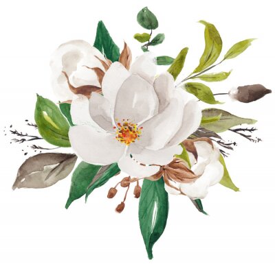 Poster Aquarel magnolia's samenstelling met bladeren
